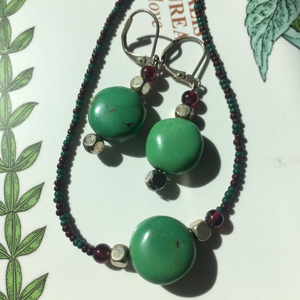 Green Turquoise and Bead Necklace and Earring Set - Never Worn